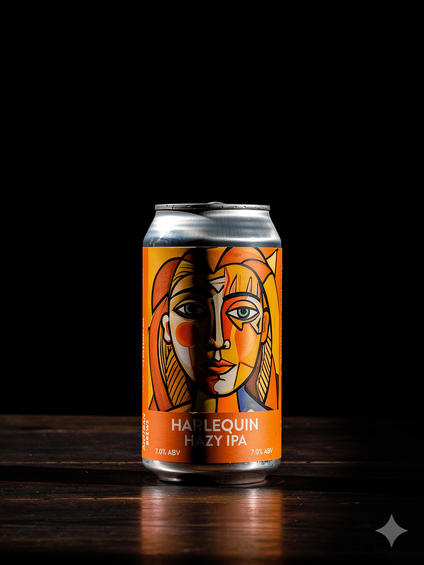 Harlequin Hazy IPA — Hazy IPA, 7.0% ABV. キュビスム絵画をラベルにしたクラフトビール缶。